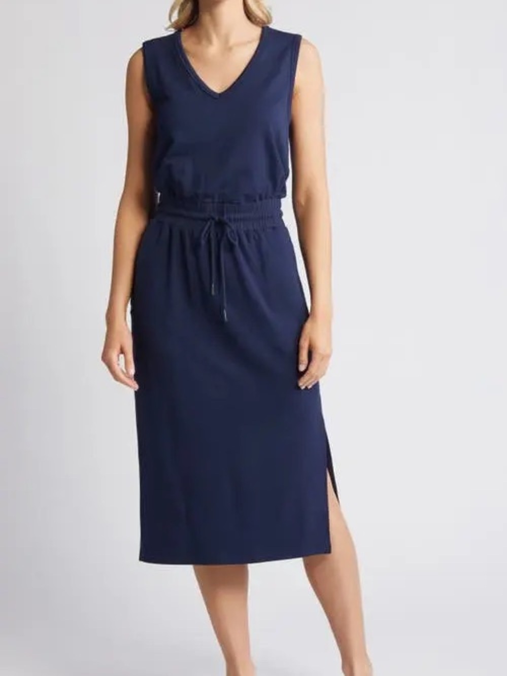 Evereve Navy V Neck Sleeveless Drawstring Waist Midi Dress Athleisure Casual XS